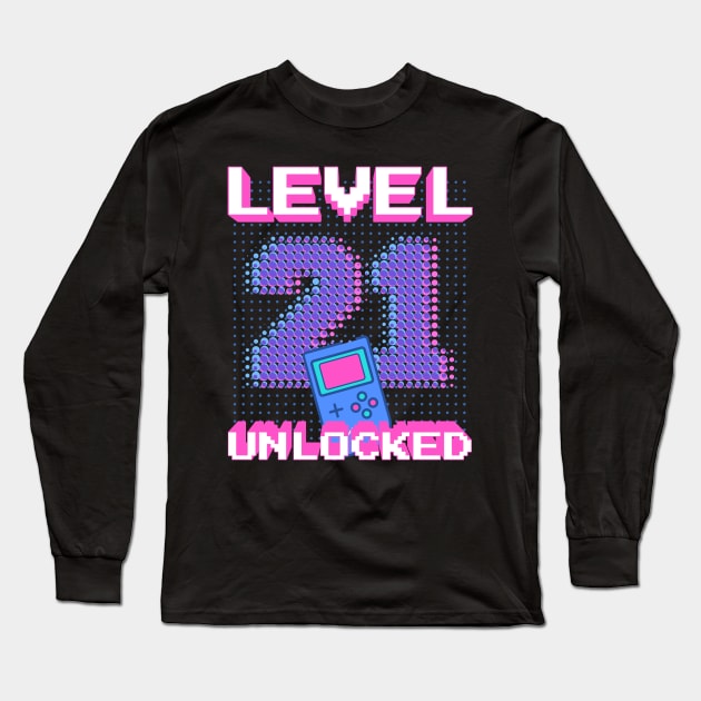 Retro Level 21 Unlocked Shirt 21st Video Gamer Birthday Gift Long Sleeve T-Shirt by BitcoinSweatshirts